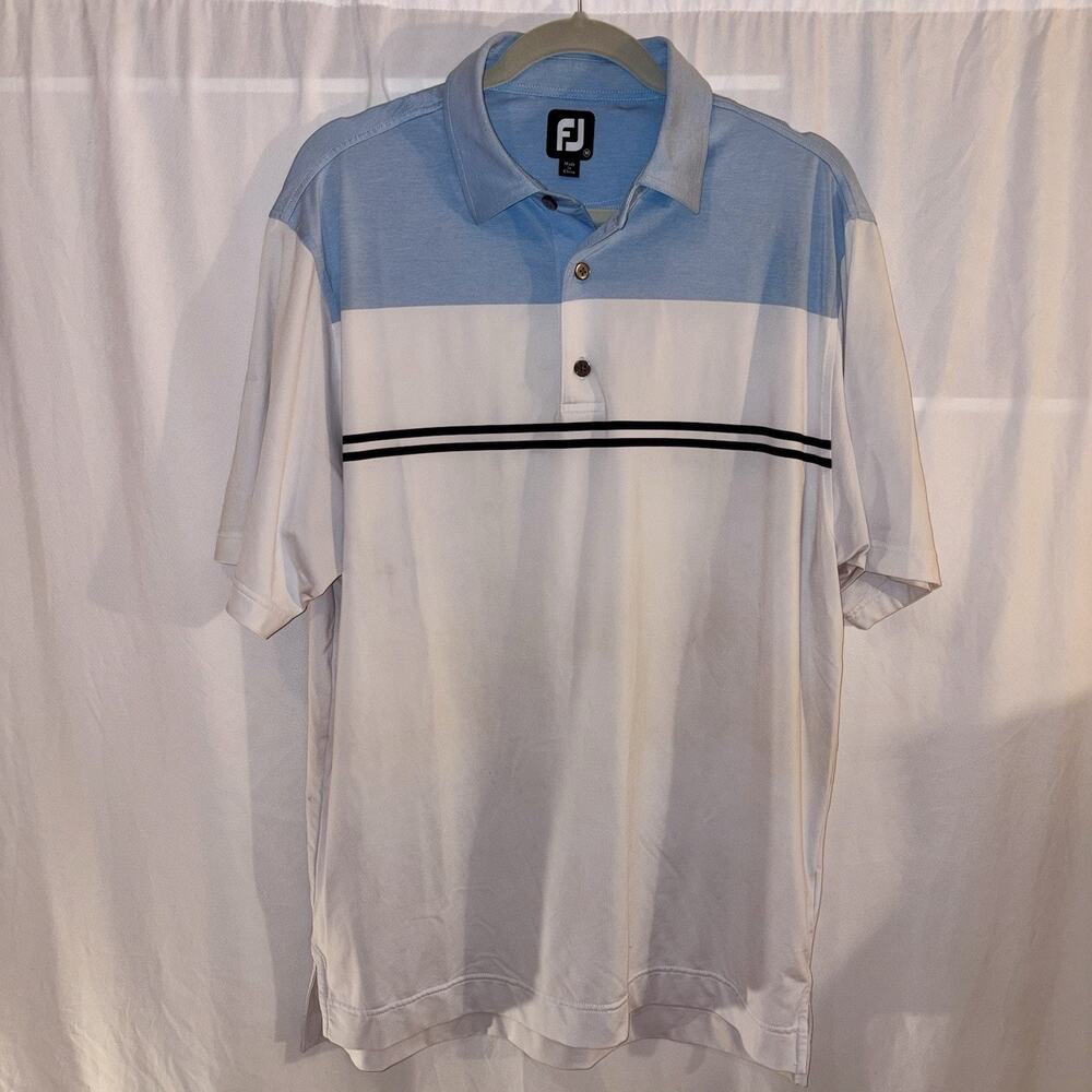 FJ Mens Golf Polo Shirt Short Sleeve Color Block White Blue Size Medium EUC